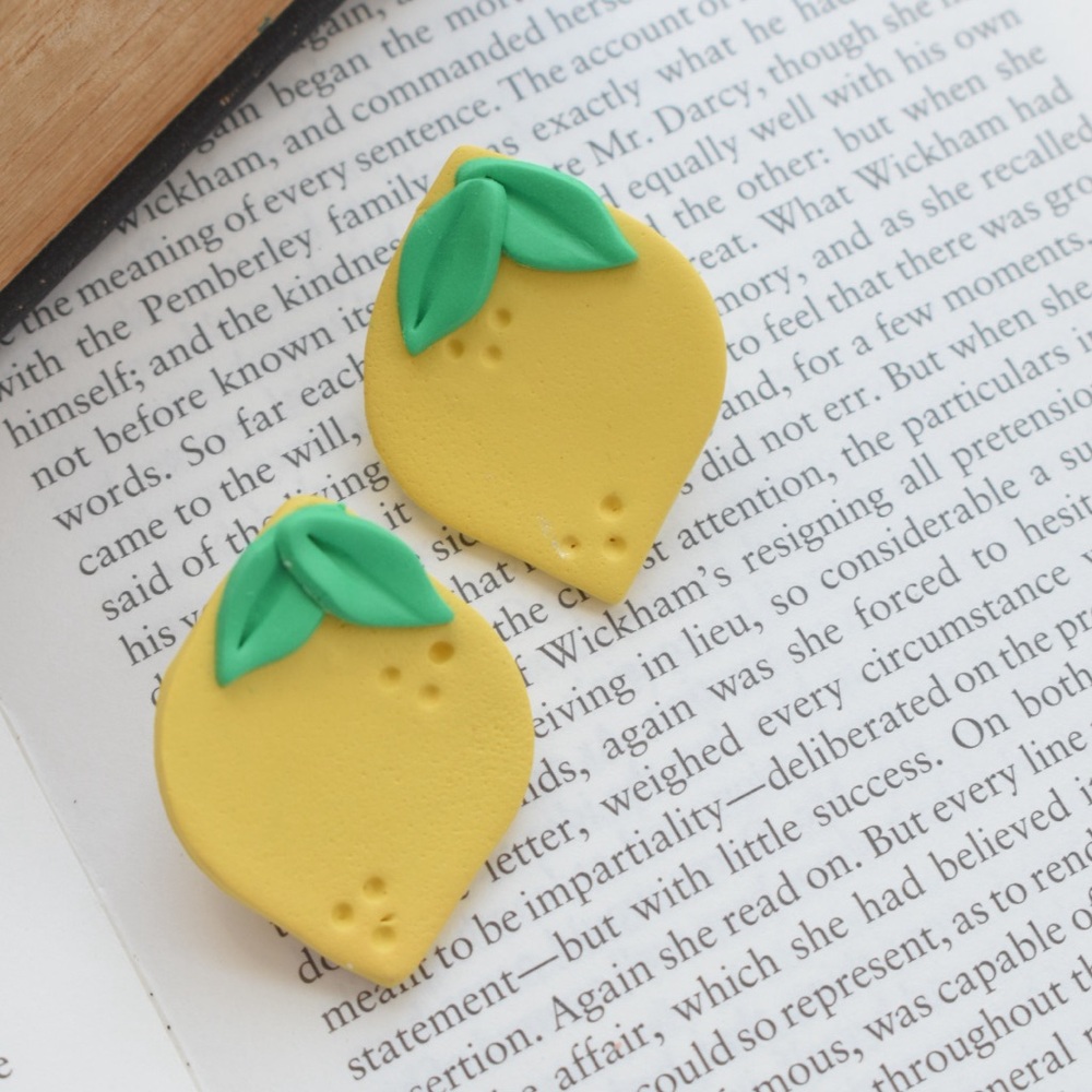 Lemon oversized stud Earrings with stainless steel posts. Handmade clay